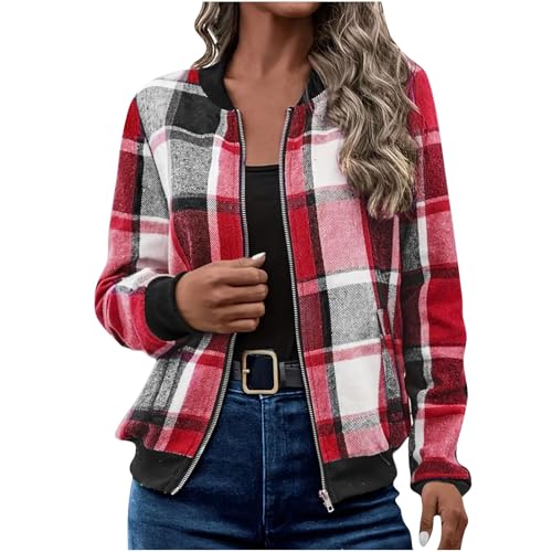 ABABC Jackets for Women Long Sleeve Zip Up Flannel Plaid Jacket Casual Stand Collar Fall Outfits for Women with Pockets
