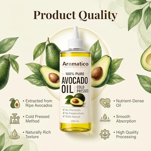 Image of AROMATICO Cold Pressed Avocado Oil for Hair & Skin - Avocado Hair Oil for Deep Conditioning, Dry & Damaged Hair | Nourishing Body Massage Oil | 200ml