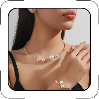 Gold Jewelry Set for Prom,Pearl Necklace Earrings Bracelet Crystal Bridal Wedding Prom Dresses Costume Jewelry Accessories Rhinestone Bridal Jewelry Set for Women