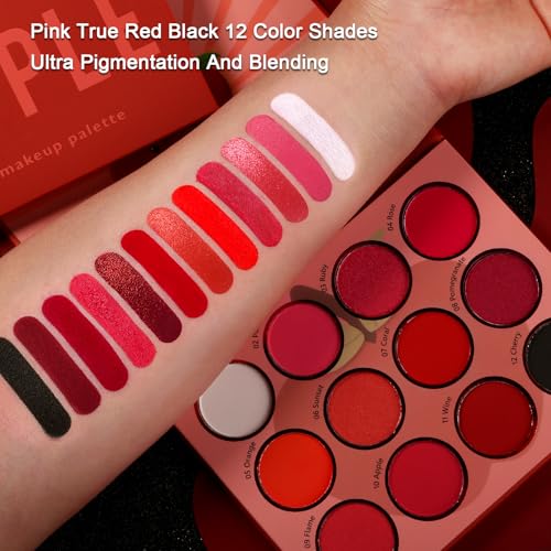 Lidschatten Palette Rote Hochpigmentiert,AFFLANO Lang Anhaltender Pink Red Eyeshadow Palette 12 Farben,Wasserdicht Matt Braun Schwarz Gelb Warme Herbstaugenschatten Rose Rot Lidschatten Makeup