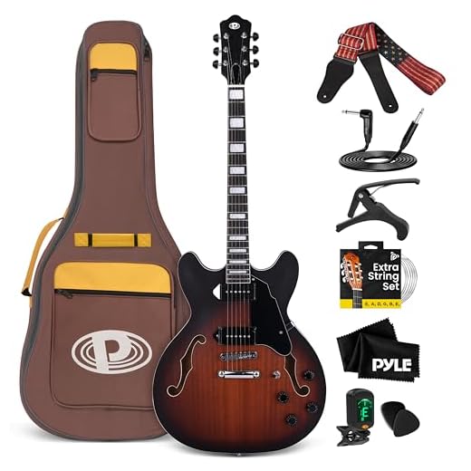 Pyle kit de guitarra electrica de cuerpo semihueco, Tamaño completo, 41.8”, Set de instrumentos de jazz con funda, Acabado mate y Sunburst