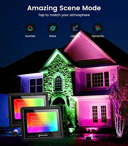 Zoesure Flood Lights Outdoor 50W Led Color Changing Led Stage Landscape Floodlights 6500K & 16 Million Colors Music Mode Ip66 Waterproof Diy Scenes For Garden Yard Court Garage (2 Pack) #TOP2