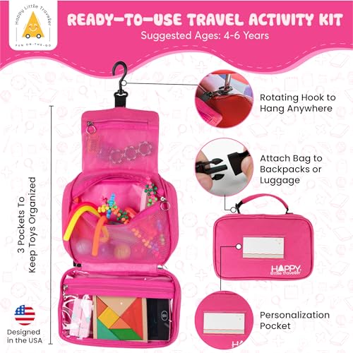 Image of Travel Essentials for Kids - All-in-One Hanging Bag with Kid Toys, Road Trip Activities for Kids, Sensory Toys & Travel Games for Airplane Trips, Car Rides, Gifts for Boys & Girls Ages 4+ (Pink)