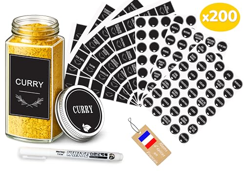 Étiquettes Épices Français pour Bocaux – 200 Stickers Autocollants Noirs – Rondes & Rectangulaires – Marqueur Blanc Inclus – Cuisine Organisée &...