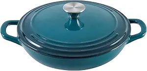 Flavehc Braiser Enameled Cast Iron Braiser 3 qt Braiser Pan with Lid DarkCyan Shallow Cast Iron Casserole Braiser Pan with Handles