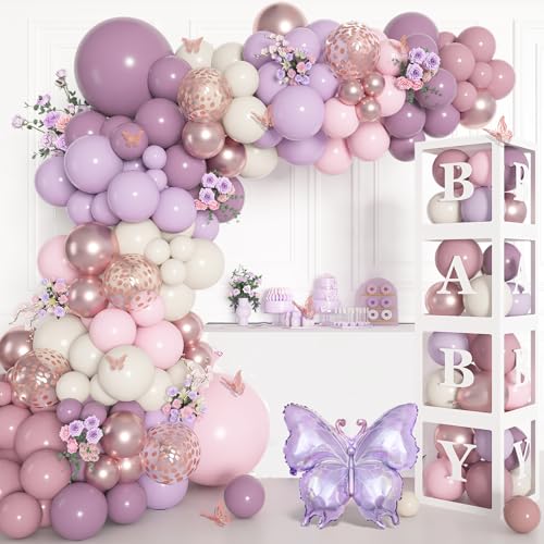 Amandir 153Pcs Purple Butterfly Baby Shower Decorations for Girl, Double-stuffed