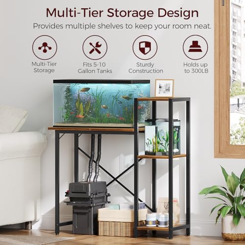 MAHANCRIS 5-10 Gallon Fish Tank Stand with 3-Tier Storage Shelf, Heavy Duty Aquarium Stand for Home Office, Metal Frame Turtle Reptile Terrarium Stand, 29.1"L x 11.0"W x 32.1"H, Rustic Brown FTHR5201 by MAHANCRIS - Image 2