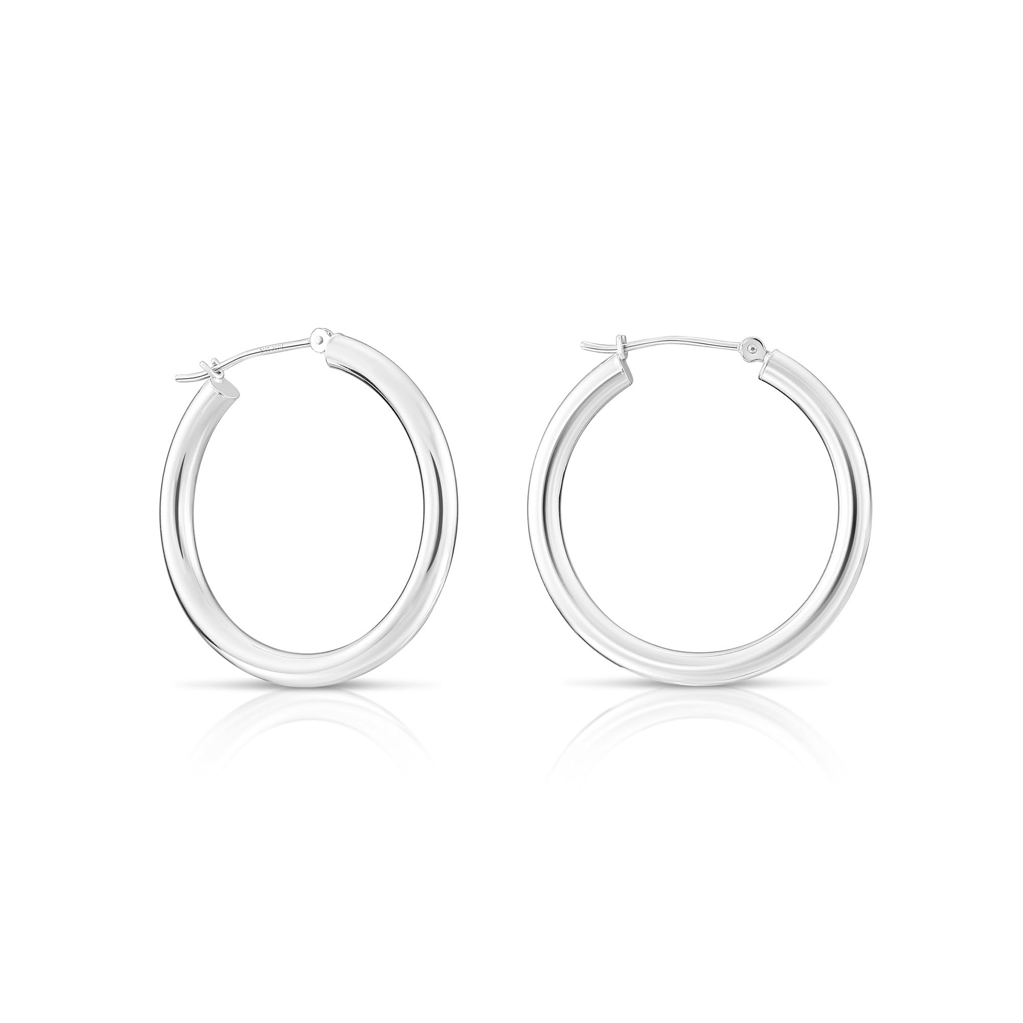14K White Gold Classic Chunky Hoop Earrings, Solid White Gold Chunky and Lightweight Shiny Hoops, 3mm Tube Thickness