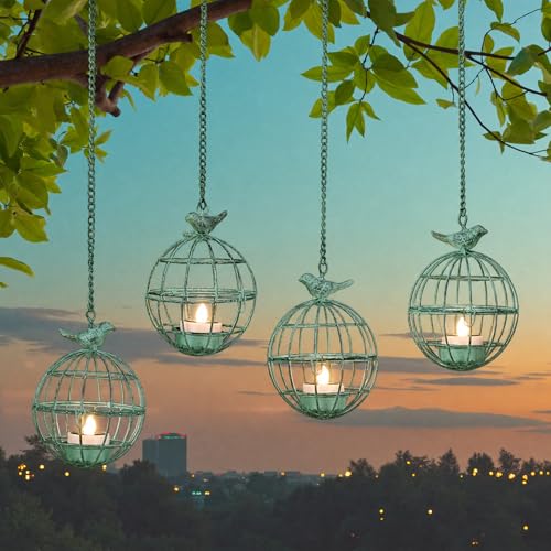 Outdoor Solar Hanging Lantern Lights, 4 Pack Rustic Ball Birdcage Hanging Candle Holder with Solar Tea Lights, Waterproof Chandelier for Tree, Pergola, Patio Decor (Vintage Green)