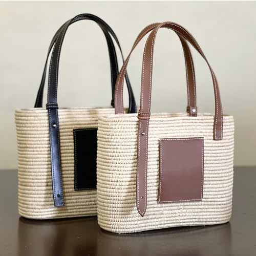 Bolso Tote de Raffia con asas de cuero miniatura 7