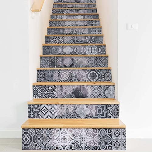 Queiting 13 Stair Stickers Black and White Patterns Riser Murals Ceramic Tiles Wall Tiles Decorative Stickers Self-Adhesive Vinyl Decals Waterproof Diy Living Room Bedroom Kitchen Splash Board Paste
