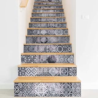 Queiting 13 Stair Stickers Black and White Patterns Riser Murals Ceramic Tiles Wall Tiles Decorative Stickers Self-Adhesive Vinyl Decals Waterproof Diy Living Room Bedroom Kitchen Splash Board Paste