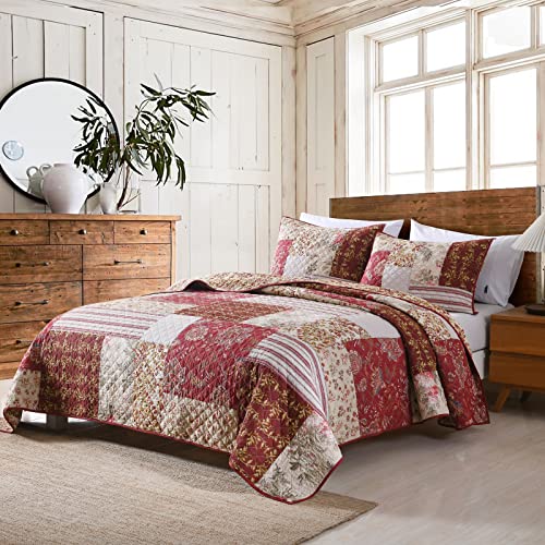 Yvooxny King Quilt Set Quilted Bedspread Country Farmhouse Cottage Vintage Ditsy Floral Paisley Style Reversible Lightweight Coverlet Set Real Patchwork Quilt For All Seasons, Antique Rose, King Size #TOP1