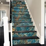 REDAMANCY Modern Mountain Green Gold Abstract Peel and Stick Vinyl Floor Stair Riser Decals Staircase Tile Stair Stickers Abstract Art Modern Marble Decoration Self-Adhesive Stair Decals (14 Pcs)