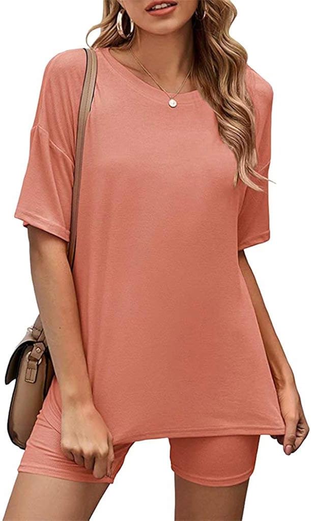 Women's Casual Two Piece Short Sets Oversized Ribbed T-Shirt Tops Biker Shorts Joggers Sets Tracksuit : Clothing, Shoes & Jewelry