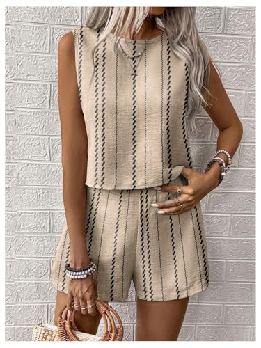GORGLITTER Women's Co Ord Sets for Women UK Striped Crewneck Tank Top and Shorts 2 Piece Lounge Wear Travel Outfit Holiday Clothes Apricot M - Image 2
