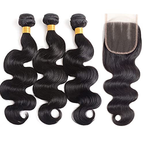 Funky girl Body Wave Bundles with Closure Human Hair (16 18 20+14 ) 3 Part 4x4 Lace Closure with 3 Bundles Human Hair Weave for Black Women Natural Color