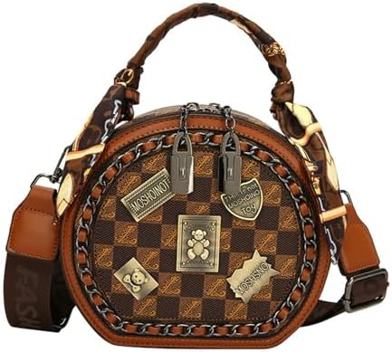 Vintage Women's Bag, Round Crossbody Bag, One Shoulder Crossbody Circle Tote, Large Capacity Daily Purse Handbag for Women Girls (Brown)