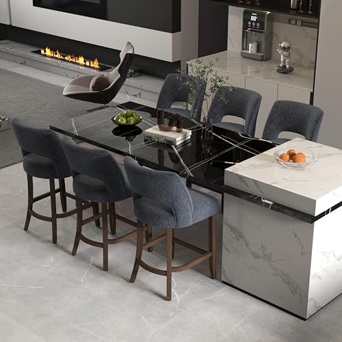 Image of VKNOW Bar Stools Set of 6, 26 inch Upholstered Counter Height Bar Stools, Modern Counter Stools with Wood Legs for Kitchen Island Dining Room Bar, Navy Blue