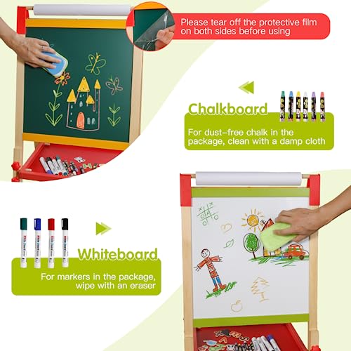 Kindertafel aus Holz mit Papierrolle Doppelseitige Whiteboard und Tafel Kinder Staffelei mit Zahlen und Anderem Zubehör für Kinder und Kleinkinder