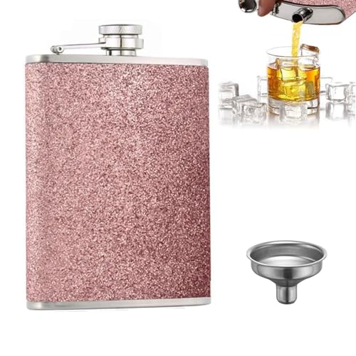 Hip Flask Set with Funnel, 8Oz 304 Stainless Steel Liquor Flask Portable Leakproof Metal Flask Set for Storing Drinks and Liquor(Glitter Pink)