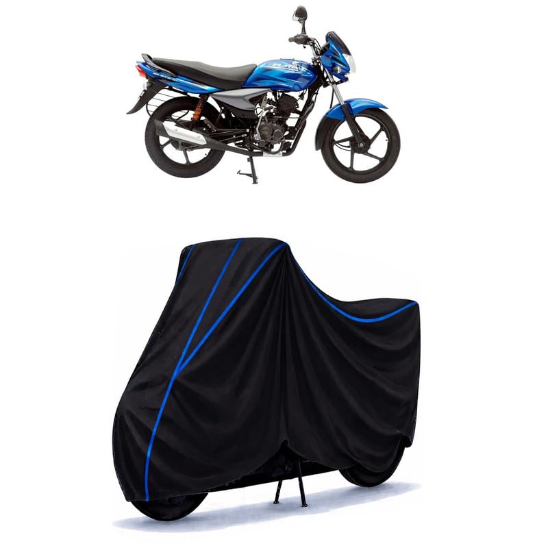 Image of Bajaj Platino 125 UG5 Bike Cover Water Resistant Universal Motorcycle Rain | Heavy Duty UV Protection, Dust, Scratch Indoor Outdoor All Weather with Black Blue Piping Elastic