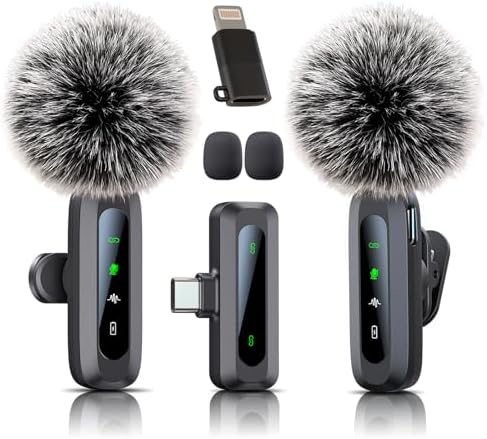 Wireless Microphone,Microphone for iPhone & USB-C Plug, mini mic Wireless mic with Noise Reduction,mini Microphone lavalier LED Display and Clip - for Vlog, TIK tok Microphone Content Creation