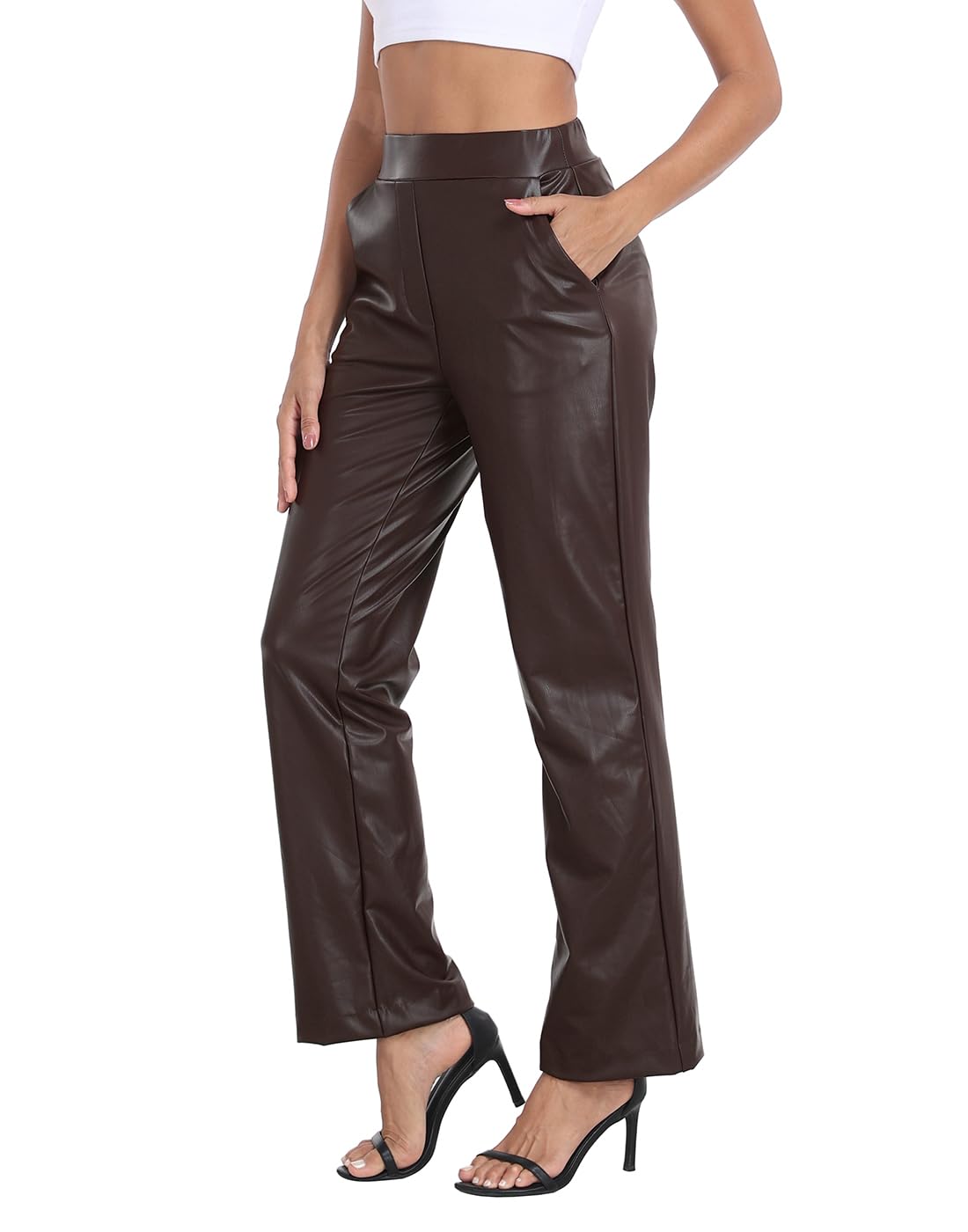 HDE Damen-Schlupfhose aus Kunstleder, hohe Taille, mit Taschen