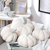 Kajaia 4 Pcs Simulated Pumpkin Fluffy Pillow Plush Pillow 3D Pumpkin Shaped Pillow Shaped Fall Decorations Soft Cute Throw Pillows for Thanksgiving Halloween, 11 Inches, 7 Inches (White)