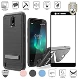 Compatible for Nokia 3.1C Case, 3.1A case (A and C Version only), with [Full Tempered Glass Protector], Tough Armor Metal Design Hybrid [Shockproof] Hard TPU Cover (Black Hybrid with Stand)
