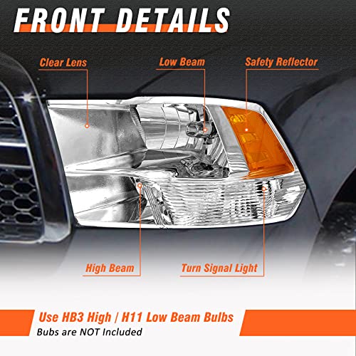 Axlaha 2009-2018 Dodge Ram Headlights Assembly For 2009-2018 Dodge Ram 1500,2010-2018 Dodge Ram 2500/3500 Quad And Dual Style Chrome Housing Amber Reflector Replacement Driver And Passenger Side #TOP1