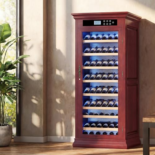 Image of KEIKI Freestanding Wine Refrigerator with Wood Cabinet, 102 Bottle Single Zone Wine Cooler, Humidity Control Tempered Glass Door, LED Light Lockable Shelves, for Home Bar Kitchen, Cherry