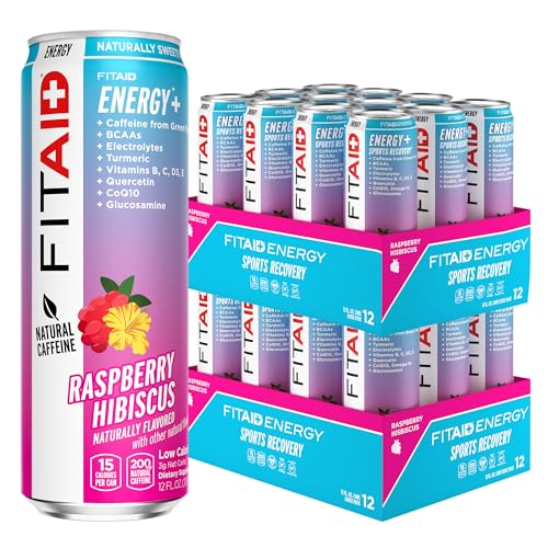 Image of FITAID ENERGY, 200mg Natural Caffeine, Keto, Raspberry Hibiscus, Optimum Performance Formula: BCAAs, Quercetin, Electrolytes, Omega-3s, Paleo, Vegan & GlutenFree, 12 Fl Oz cans (Pack of 24)