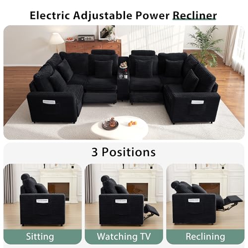 Image of RARZOE Modular Sectional Sofa with 2 Power Recliner, 6-Seater U-Shaped Corduroy Cloud Reclining Couch with Storage Console Charging Cup Holders, Fluffy Comfy Cloud Sofas Couches for Living Room, Black