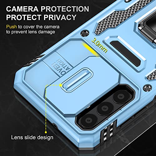 Image of Polycarbonate Slide Camera Cover with Ring Holder Mobile Phone Back Cover for Samsung Galaxy A23 (Blue)