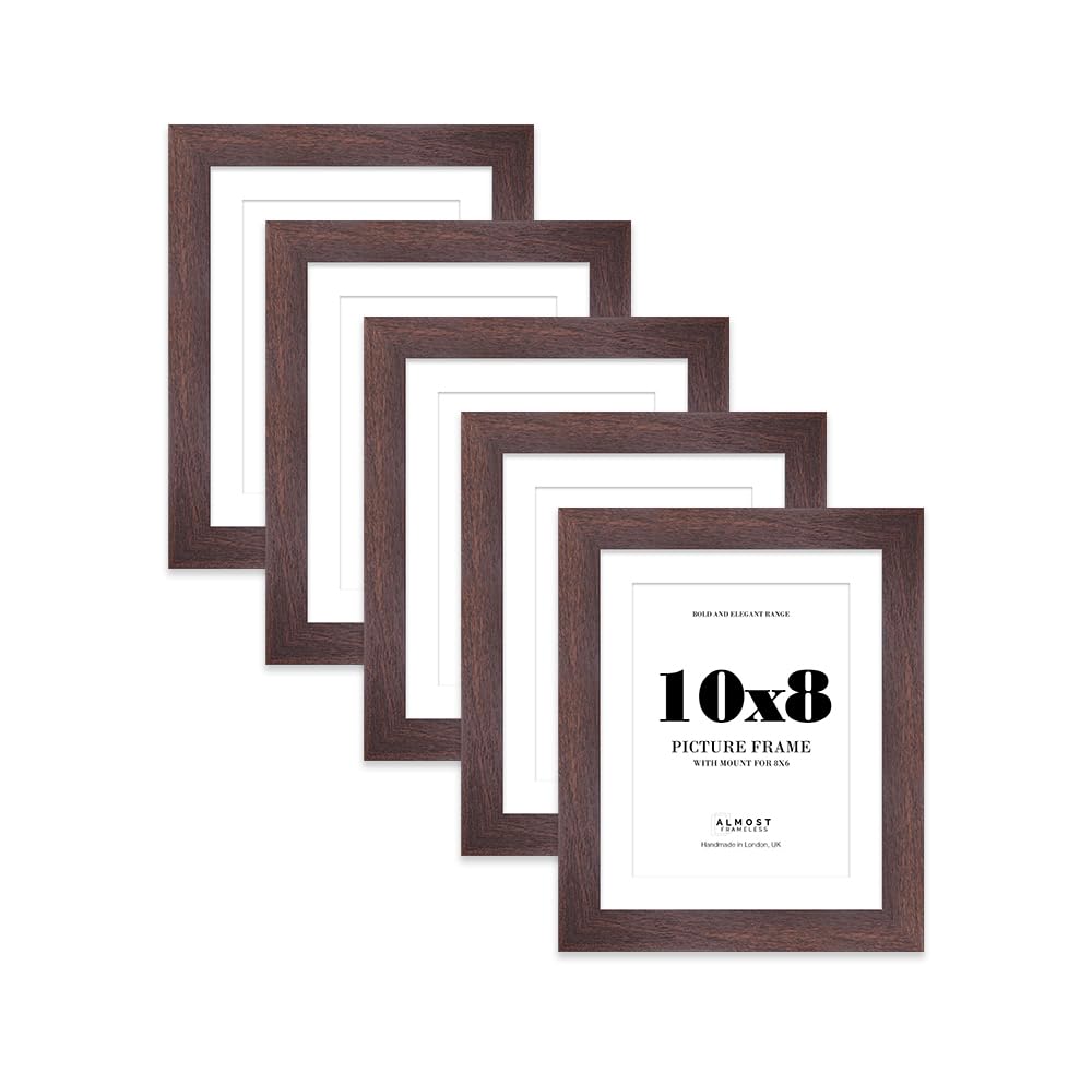10x8" Walnut Frame With Mount for 8x6" Pictures 28mm Edge Portrait and Landscape Display with Wall Hooks and Kickstand, 5 Pack