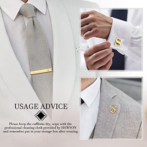 Hawson Cufflinks For Men, Tie Clips For Boys, Tie Pin For Men, Gold Color Jewelry Set, Boxed Gift Packing, Initial Letter Jewelry For Him #TOP5