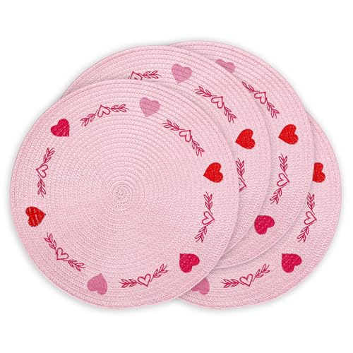 Whaline 4Pcs Round Valentine Placemats Red Pink Heart Embroidered Place