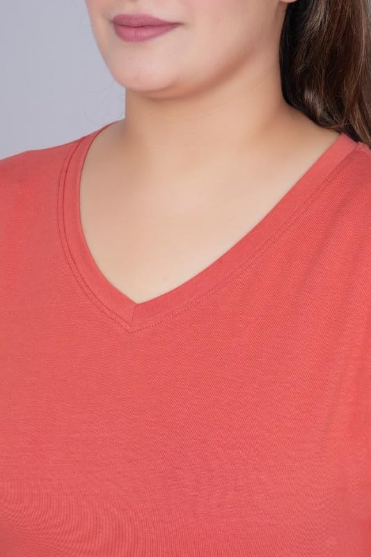 Image of Mlada V-Neck Cotton 3 /4th Sleeves Tshirt for Women | Stretchable Regualr Fit Solid Cotton Tshirts | Casual 3 /4th Sleeves Tshirts for Women Office Wear | Solid Round Neck Tshirt