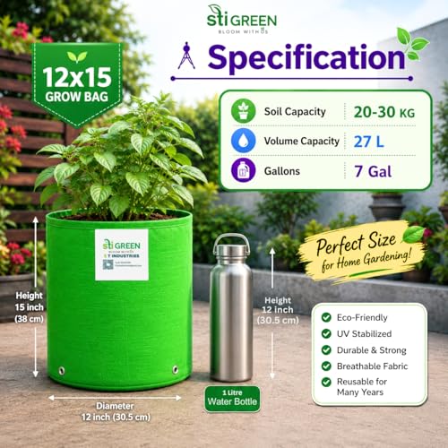 Image of HDPE Grow Bags for Plants 12X15 Inch (Pack of 5) | 260 GSM Heavy Duty UV-Protected Round Green Colour Plant Bags for Terrace and Vegetable Gardening | Strong & Reusable|