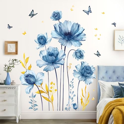SHUCHING Stickers Muraux Grandes Fleurs Bleues, Autocollant Mural Feuilles Dorées, Décoration...