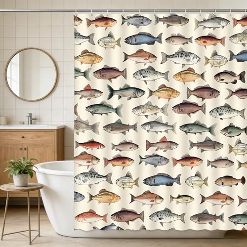 Vintage Fish Shower Curtain Rustic Farmhouse Cabin Fishing Lake Fishes Lodge Hunting Camp RV Fabric Bathroom Curtain Set with Hooks