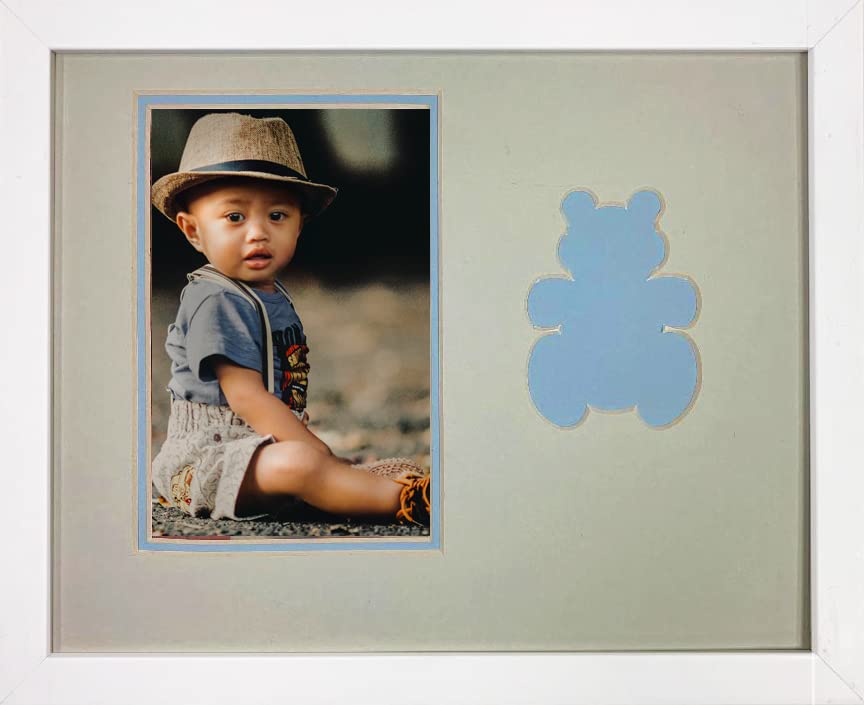 Wall Mount Childrens Nursery Infant Boy Blue and Green Teddy Bear Infant Photo Frame 8x10 Hold 4x6 Photo White wood Frame