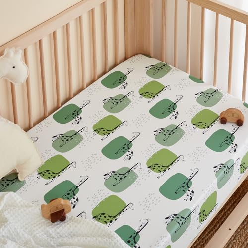 Image of TILLYOU Baby Crib Sheets for Boys Girls, Super Soft Toddler Bed Sheets, 2 Pack Sheets for Standard Crib Mattress 28x52in, Green Giraffes
