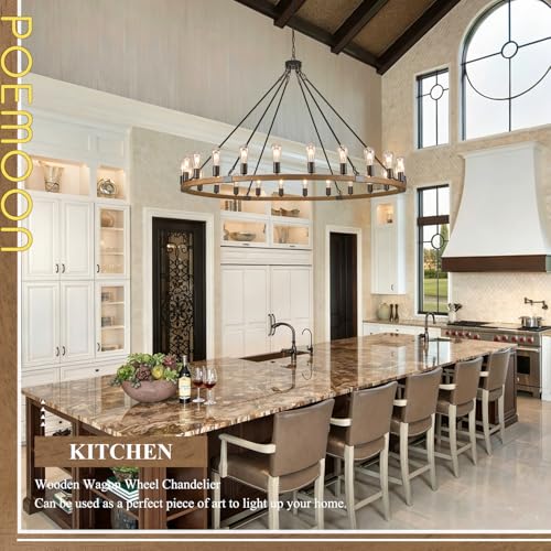 Image of Oak Wooden Wagon Wheel Chandelier 24-Light 59 inch Light Fixture