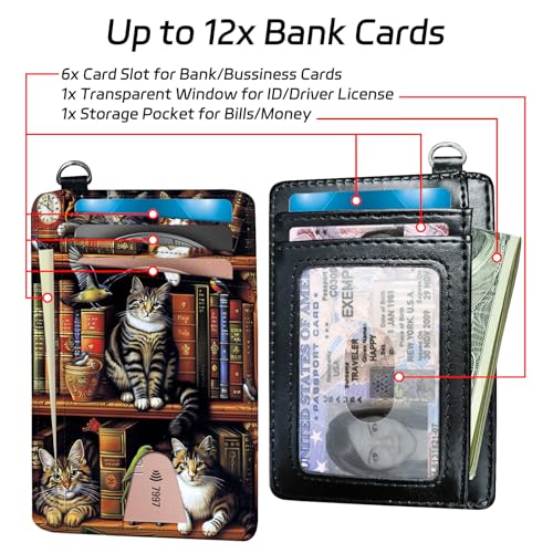 Credit Card Holder Slim Wallet with Wristlet Lanyard,Leather Front Pocket Purse RFID Blocking Wallet Card Case with ID Window for Women & Men-Vintage Bookshelf Cat3