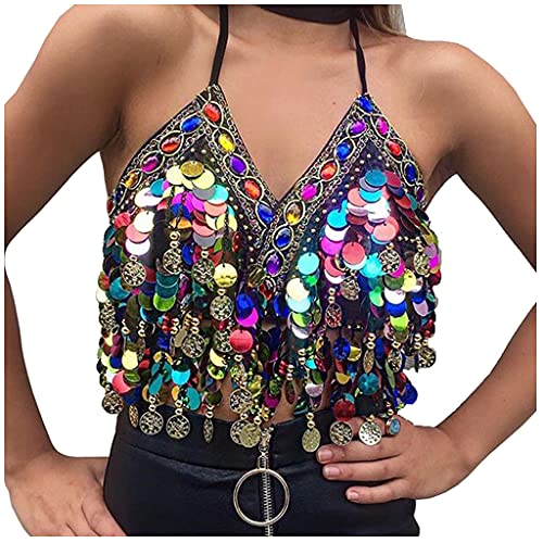 Wuchieal Sequin Halter Bra Top Salsa Belly Dance Boho Festival Clubbing Tribal Bra BH Top (One Size, Purple with Colorful Beads)
