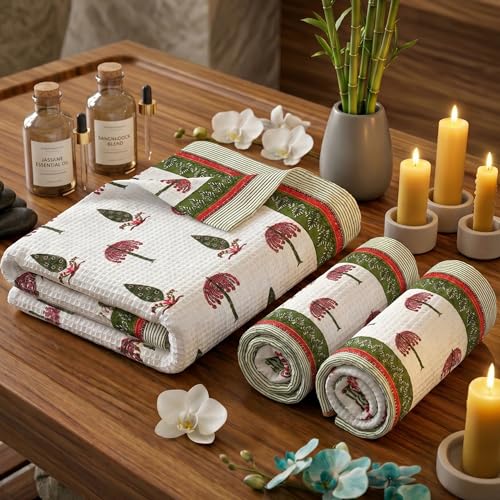 Image of Mafatlal Madhuban Quick Dry Waffle Set (1 Bath 147x76 cm + 2 Hand 76x38 cm) | 250 GSM |Cotton, Lightweight, Hand Printed | Courtyard Color