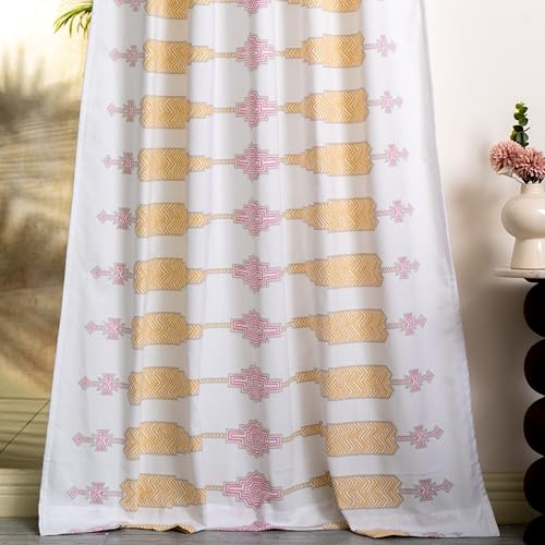 Image of Tranquebar Curtain Co. Window Curtains 5 Feet, 60-65% Room Darkening,Pink-Yellow Geometric Print,Cotton Curtains for Window, Cotton Curtains 5 Feet Long Set of 2, BackTab Loops,Tavi (152 cm)-Set of 2