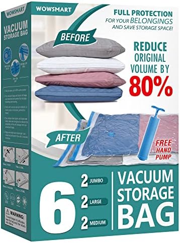6 Space Saver Vacuum Storage Bags, Vacuum Sealed Storage Bags (2 Jumbo + 2 Large + 2 Medium) with Hand Pump, Vacuum Seal Bags for Clothing, Comforters, Pillows, Towel, Blanket Storage, Bedding